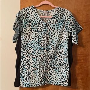 Leopard Print V-Neck scrub Top - Blue and Black